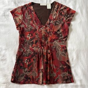 Worthington Red and Brown Leaf-Print V-Neck Cap Sleeve Top